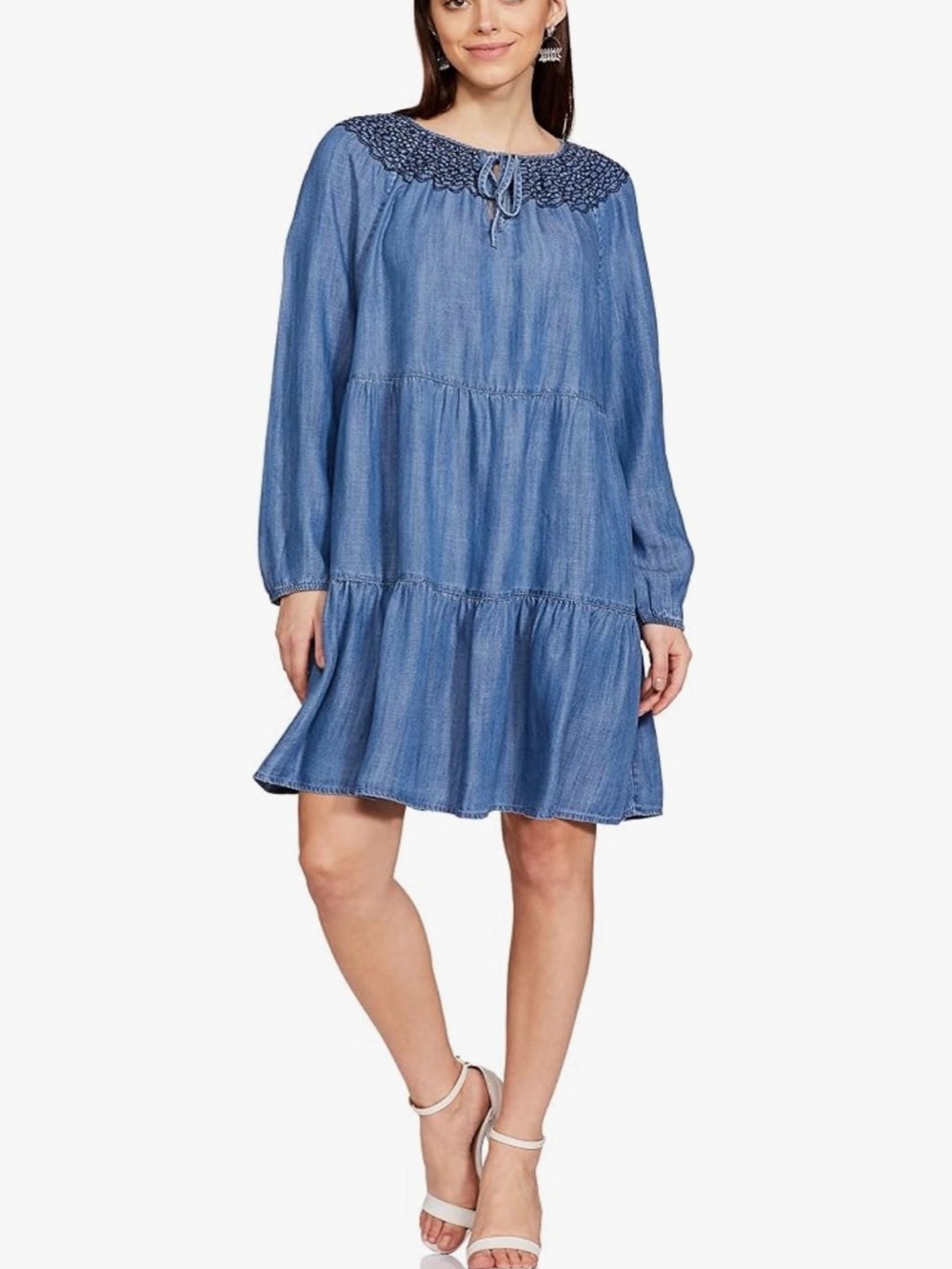 Marks & Spencer Chambray Blue Smocked Yoke Tiered Mini Dress